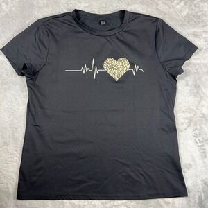 Leopard Print Heart Heartbeat T-Shirt Womens XL (L) Black Poly Knit‎ Nurse EUC